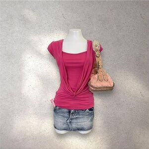 New Mode 2000s Hot Pink Draped Twist Front Blouse